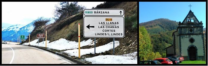Izq: Alto de la Cobertoria, divisoria de los valles de Quirós y L.lena. Dcha: Iglesia de L.lindes, común aparcamiento del pueblo.