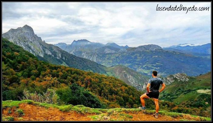 Hacia el valle del Huerna, con parte del macizo de Ubiña (Tapinón, Rueda...) y el Pico de la Tesa a la izquierda sobre los bosques de Traslacruz